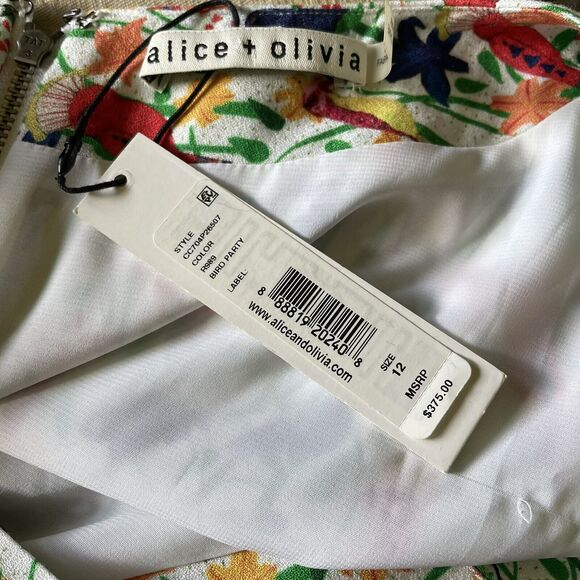 Alice + Olivia Adrianna Bird Party Cream Multicolor Dress 12 NEW - Picture 6 of 10